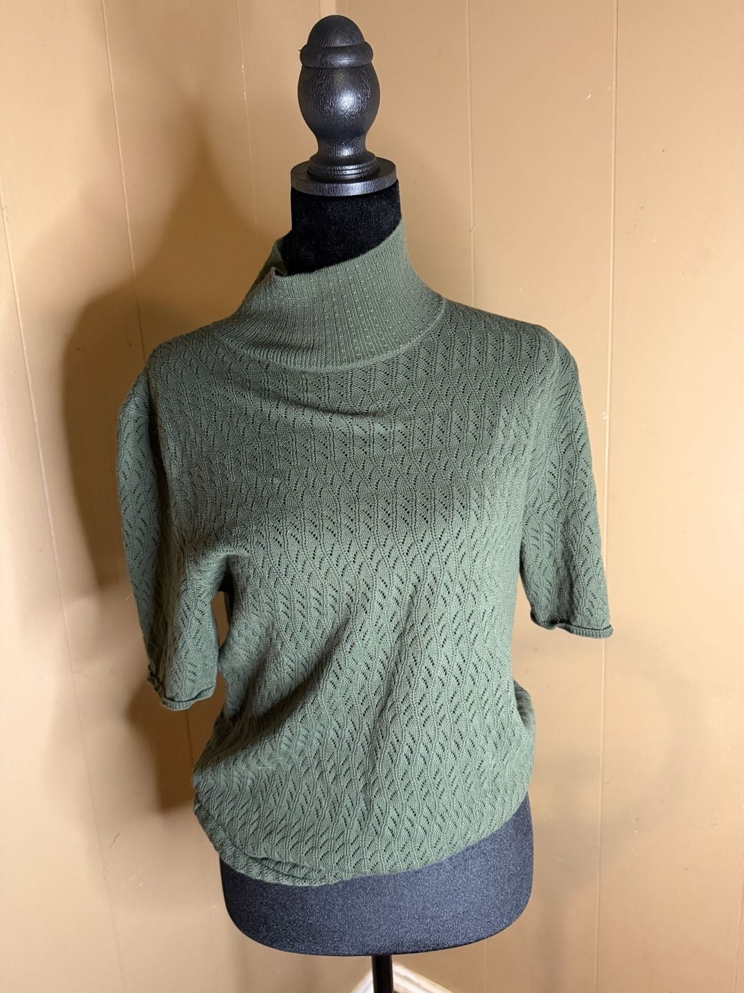 A.P.C. Rue Madame Paris Olive Green Textured Knit Mock Neck Short Sleeve Sweater